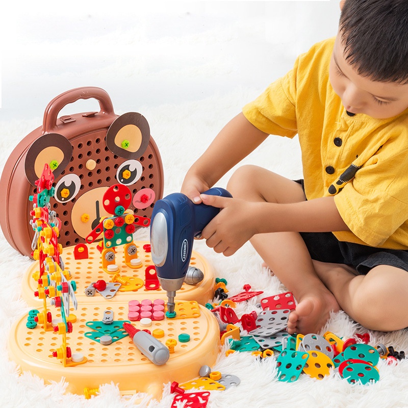 益智DIY修理工具箱3~6歲兒童禮物修理工具箱過家家擰螺絲玩具螺絲拼圖DIY創意工具箱電鑽積木拼圖玩具