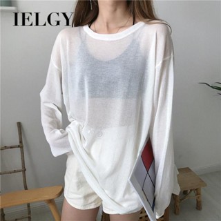 IELGY 薄款防曬冰絲長袖t恤女韓版寬鬆休閒打底上衣
