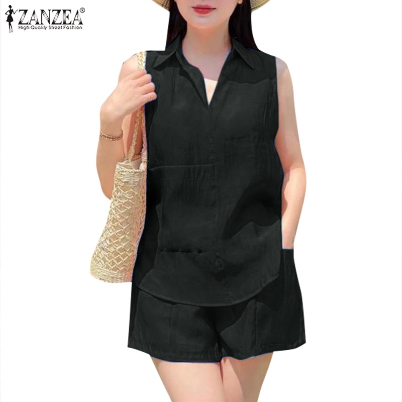 Zanzea 女士時尚休閒領無袖上衣 + 鬆緊腰短褲套裝