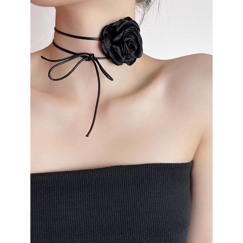 時尚鎖骨鏈復古黑色玫瑰花朵項鍊女綁帶頸鍊脖子配飾