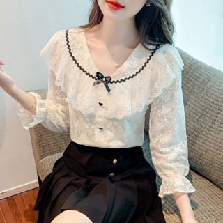 SY蕾絲別致上衣女娃娃領蝴蝶結長袖襯衫秋季新款氣質百搭上衣時尚潮流甜辣風日系穿搭上衣ins潮