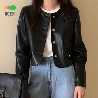 ROEV[氣質女神]韓國chic秋季小眾復古圓領金屬鈕扣PU皮寬鬆長袖短版皮衣夾克外套