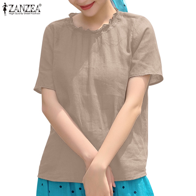 Zanzea 女式韓版領口系列圓領短袖棉麻襯衫