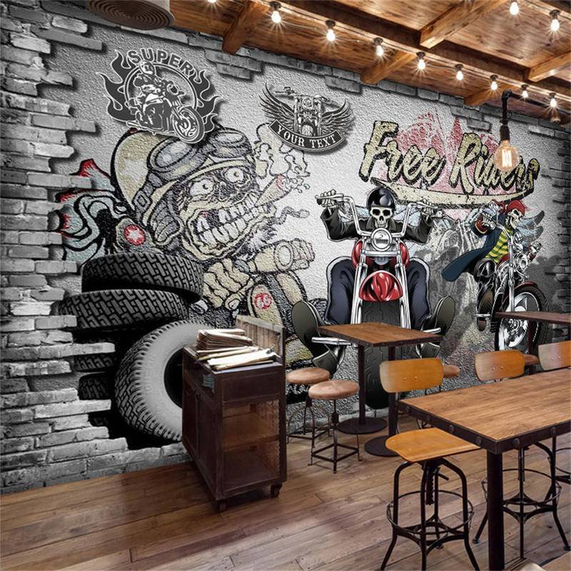 客製化復古懷舊壁畫牆紙個性ktv酒吧網吧3d壁紙摩托車汽車塗鴉餐廳工裝貼紙