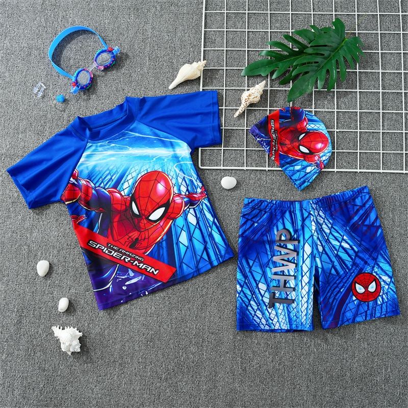 兒童泳衣男童蜘蛛人泳衣泳褲泳帽1-3-6-8歲兒童蜘蛛人衣服套裝蜘蛛人游泳套裝運動幼童泳衣