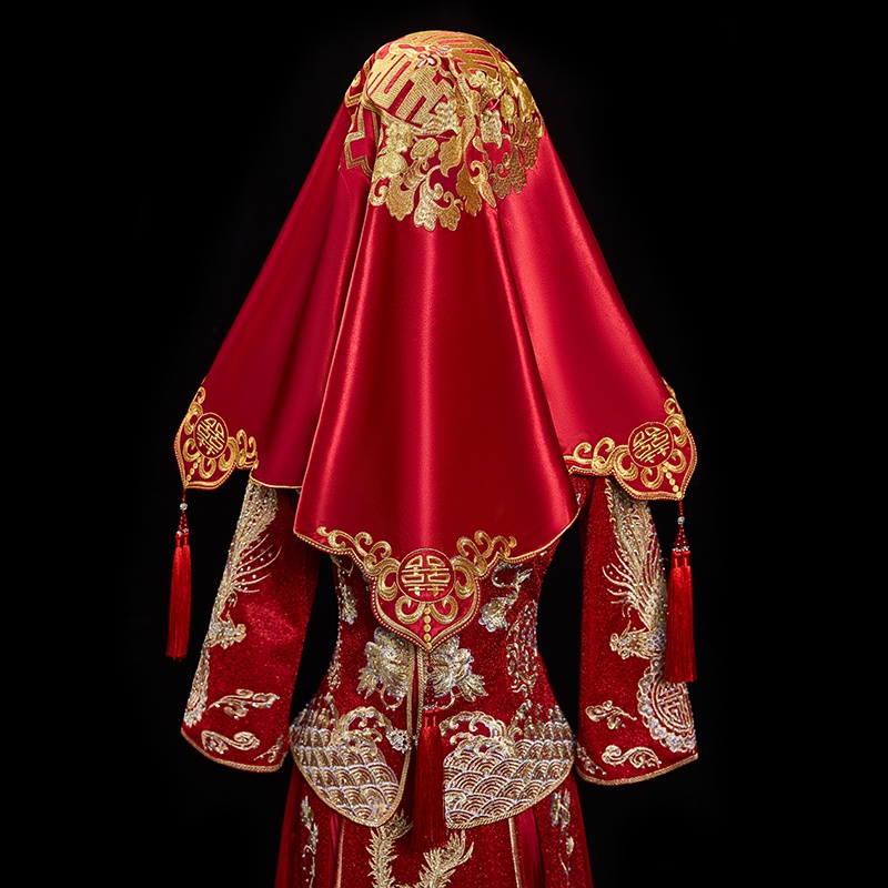 現貨✘紅蓋頭✘ 紅蓋頭新娘結婚 頭紗 復古紅色繡花緞面流蘇刺繡喜帕新娘紅蓋頭新款