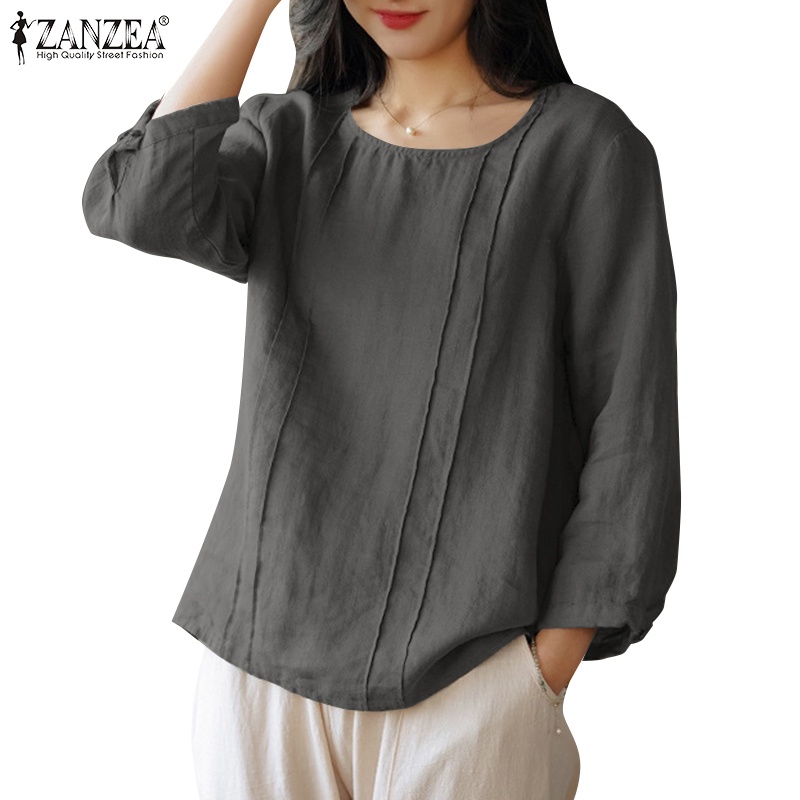 Zanzea 女式韓版圓領四分之三袖棉麻百褶襯衫