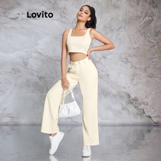 Lovito 女式休閒素色不對稱口袋結構線條長褲套裝 LBE02021（淺卡其色）