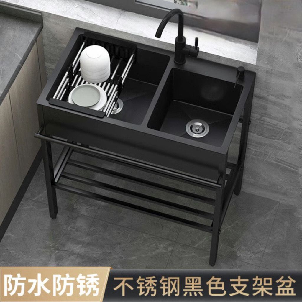 上新原創黑色單槽不銹鋼水槽帶支架廚房洗菜盆落地式加厚洗碗雙槽水池家用限定