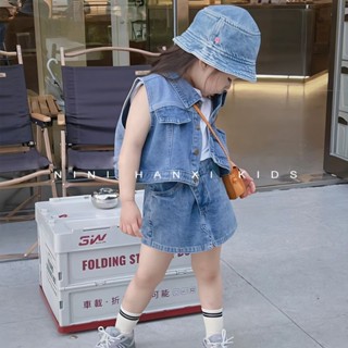 【夏季套裝上新】韓版童裝女童套裝兒童兩件式套裝中兒童牛仔馬甲無袖無袖背心褲裙休閒套裝春夏新款韓版兒童牛仔外套短褲兩件套