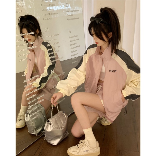 [ EASY BUY 隨 均碼 男生高中制服 炸街 jk上衣 實拍實價 運動防曬上衣女夏時尚撞色立領長袖外套闊