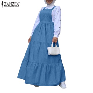 Zanzea 女式時尚穆斯林多層帶口袋後腰橡膠肩帶可調節吊帶裙