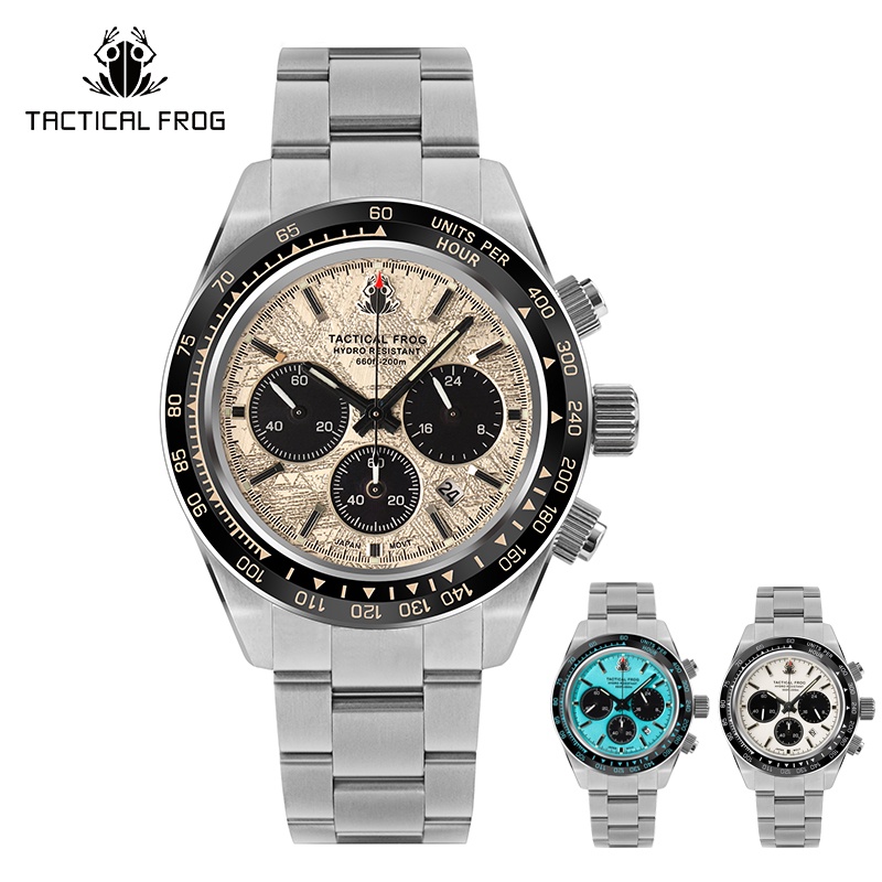 男士戰術青蛙手錶 41 毫米熊貓計時碼表 VS75A 太陽能石英機芯藍寶石 C3 夜光 200M 防水男士手錶