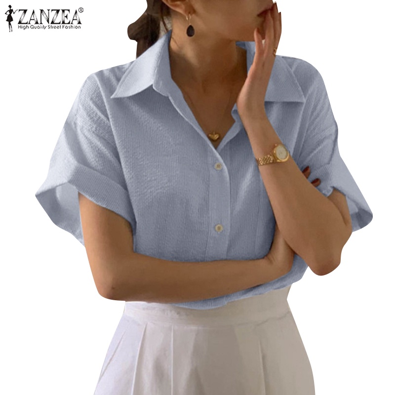 Zanzea 女式韓版休閒落肩半袖前袋襯衫