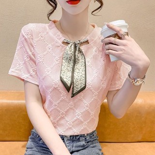 SY蕾絲短袖t恤女韓版修身顯瘦蕾絲衫蝴蝶結減齡設計感襯衫甜美小清新t恤甜美風日系穿搭上衣ins潮
