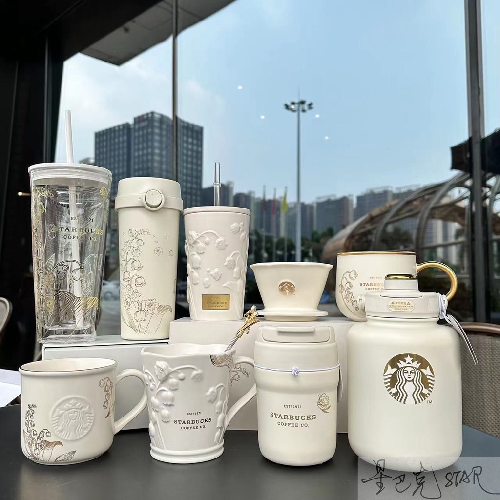 【正品】星巴克杯子鈴蘭系列純白時尚不鏽鋼吸管保溫杯隨手玻璃陶瓷馬克杯