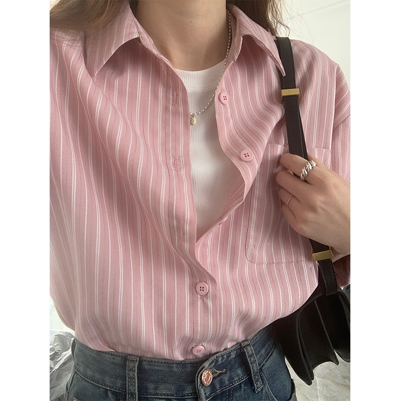 韓版復古粉色直條紋襯衫女春季休閒百搭翻領長袖上衣高級感襯衫
