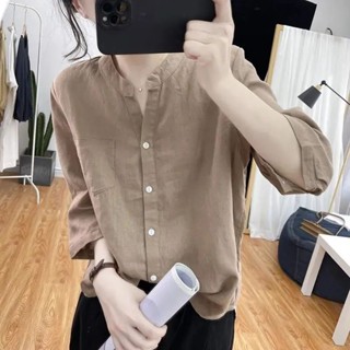 虞姬服飾-夏季V領亞麻寬鬆短袖襯衫女 復古藏青色上衣棉麻透氣襯衫顯瘦短袖