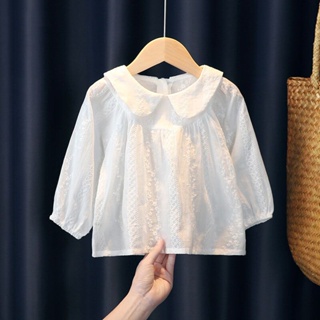 【純棉 內搭外穿 皆可】女童秋裝白襯衫2024新款兒童公主蕾絲長袖上衣寶寶寬鬆洋氣娃娃衫