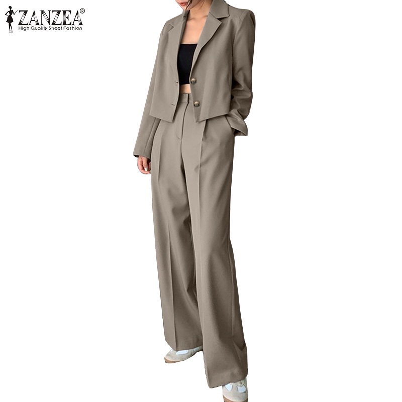 Zanzea 女式時尚西裝長袖翻領短上衣+寬鬆休閒褲中前拉鍊帶口袋套裝