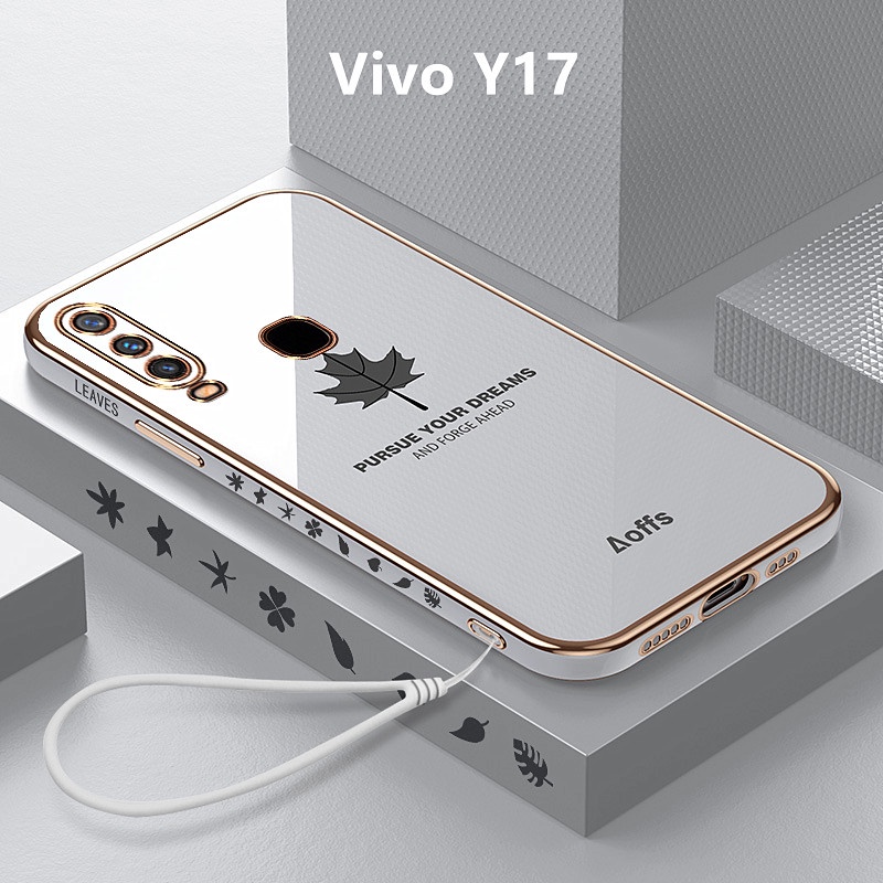 外殼 Vivo Y17 外殼電鍍楓葉蓋掛繩軟 TPU 手機殼 Vivo Y17