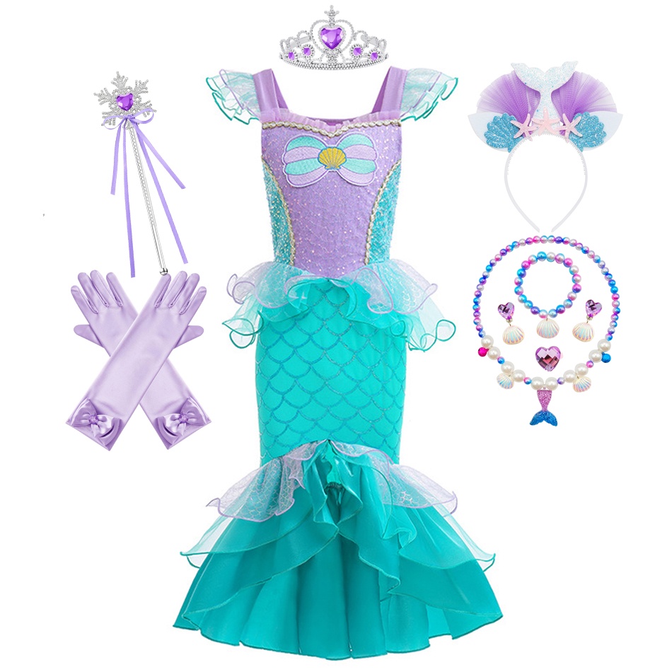 Lxaa MB15 小美人魚公主裙愛麗兒服裝兒童女孩角色扮演兒童嘉年華生日派對衣服美人魚服裝