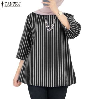 Zanzea 女士穆斯林日常三分袖圓領條紋襯衫