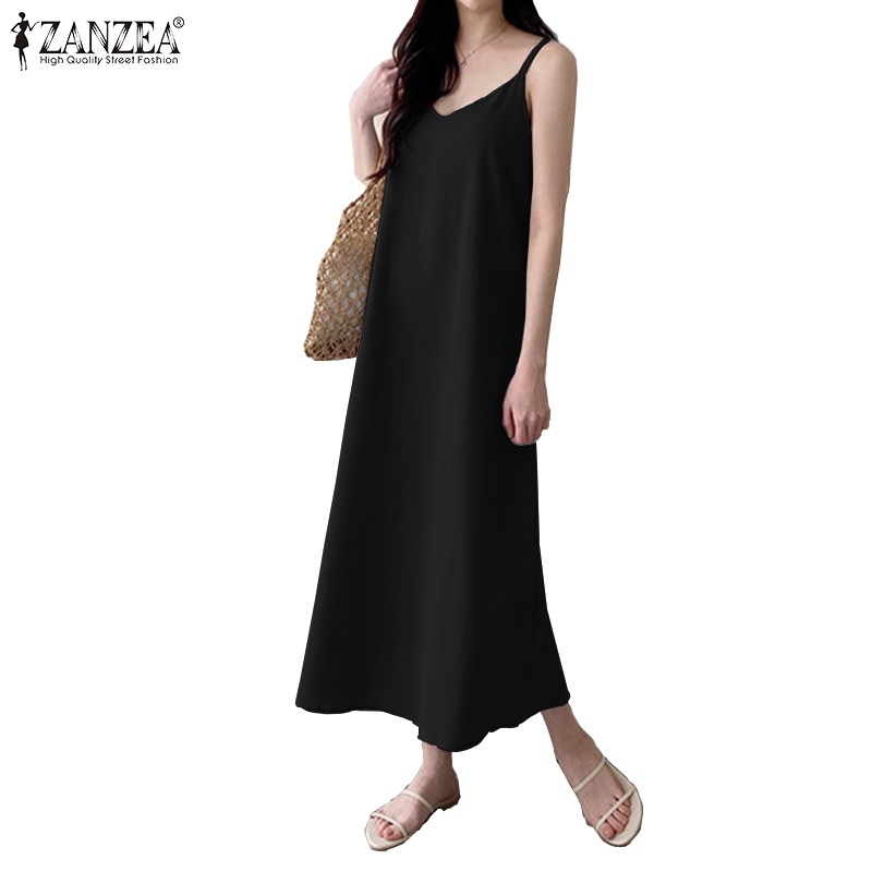 Zanzea 女式韓版時尚 V 領無袖純色吊帶背心連衣裙