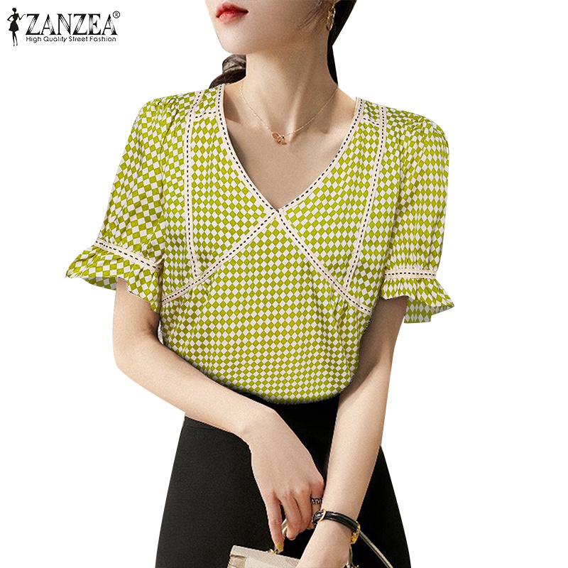 Zanzea 女式韓版時尚 V 領短袖拼接印花上衣