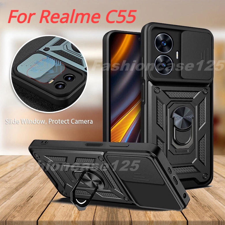 適用於 Realme C55 RealmeC55 4G 2023 手機殼後蓋防震保險槓車環支架支架滑窗攝像頭保護軟邊硬