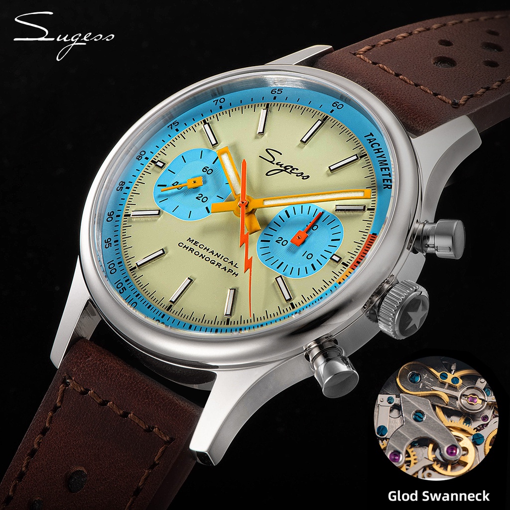 Sugess 1963 年飛行員手錶男士計時碼表機械手錶海鷗 ST19 天鵝頸機芯藍寶石水晶賽車 2022 全新