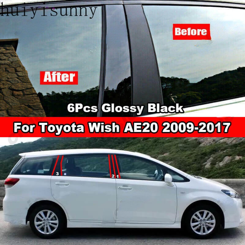 Hys 適用於豐田 Wish AE20 2009-2017 6 件亮黑色車窗門柱中中心 B C 柱柱蓋裝飾碳纖維鏡面效果