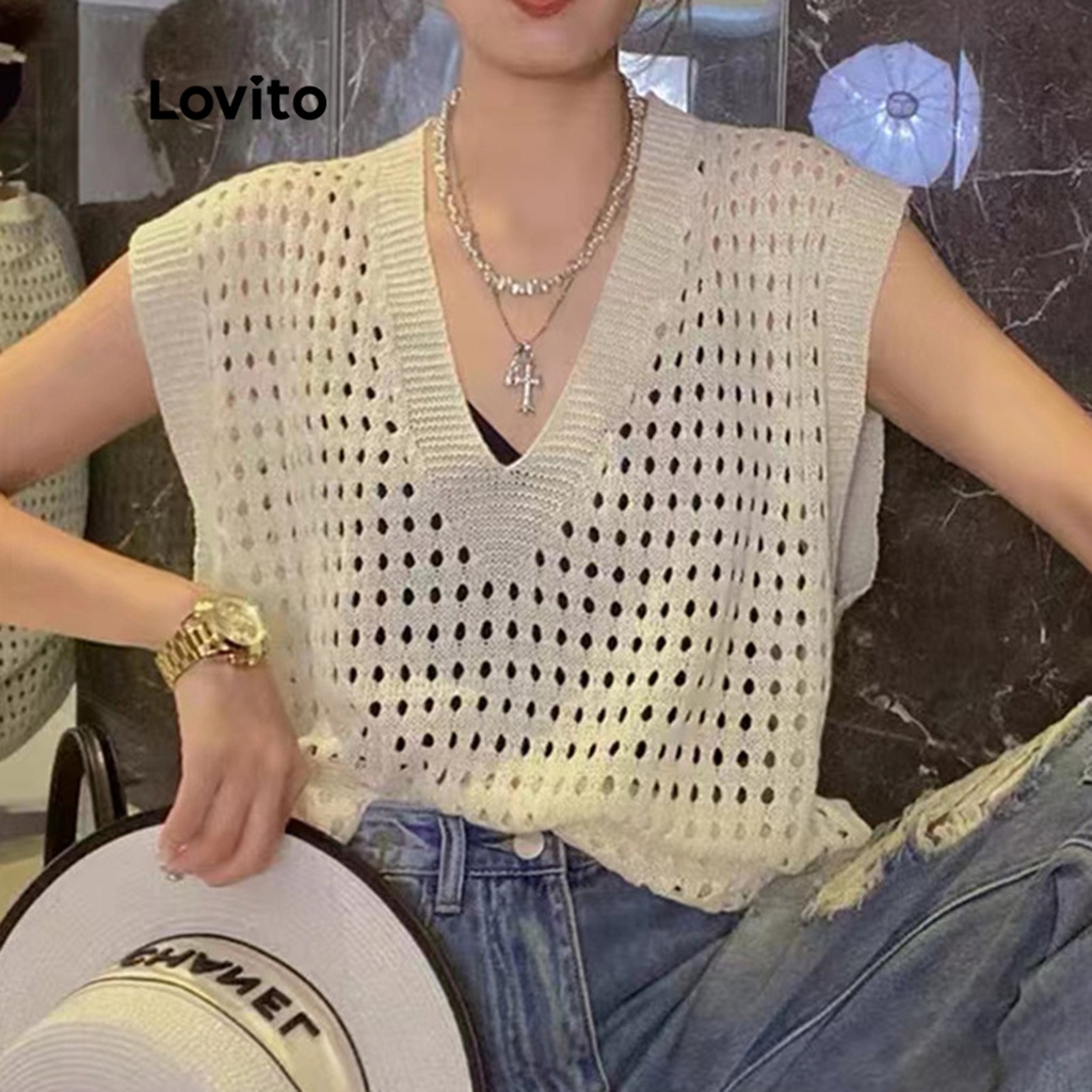 Lovito 女士休閒素色鏤空針織上衣 LNA14151 (白色/黑色)
