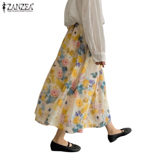 Zanzea 女式韓版抽繩彈力腰花卉印花下擺半裙