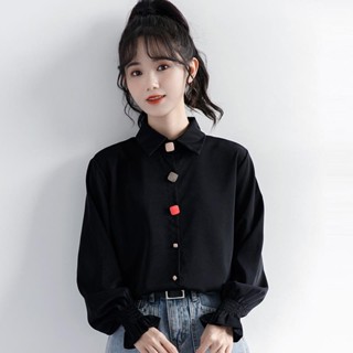 【LININ】秋季新款彩色扣黑色長袖襯衫女 春秋長袖襯衫 港風長袖上衣