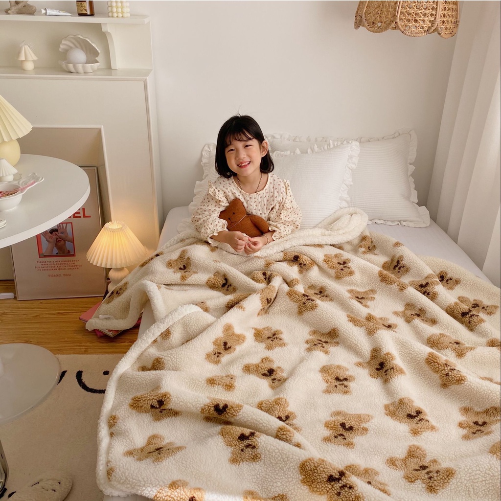 韓國小熊加厚雙面羊羔絨毛毯 多功能超柔軟雙層加厚法蘭絨羊羔毛複合毯 沙發毯 兒童蓋毯 辦公室毛毯 單人毛毯 披肩毯