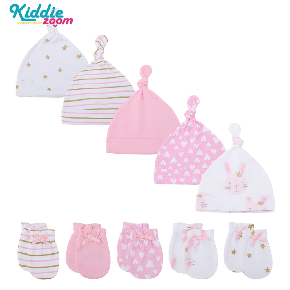 Kiddiezoom 0-6個月新生兒寶寶手套帽子組合 柔軟純棉嬰兒防抓手套胎帽