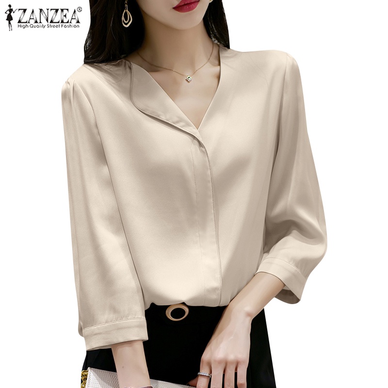Zanzea 女式韓版通勤時尚泡泡袖緞面 3/4 袖襯衫