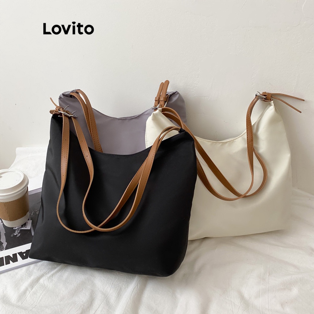 Lovito 女士休閒素色拉鍊單肩手提包 L50AD113 (卡其/棕/灰/黑)