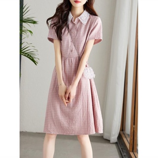 【F-store】2023夏季新款時尚韓版收腰顯瘦百搭氣質蕾絲拼接翻領洋裝女