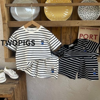 TWOPIGS 男童條紋T恤短袖套裝23新款兒童短褲小熊刺繡寶寶夏季衣服兩件套