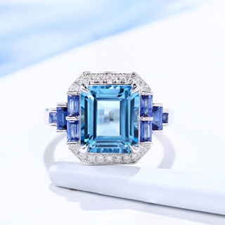 鍍白金奢華閃亮創造-海藍寶石坦桑石創造-藍寶石方形戒指