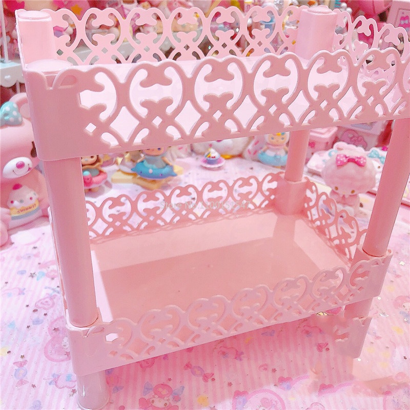 粉色鏤空心形雙層三層桌面收納架女孩蕾絲存儲架廚房浴室架化妝品桌面收納架置物架