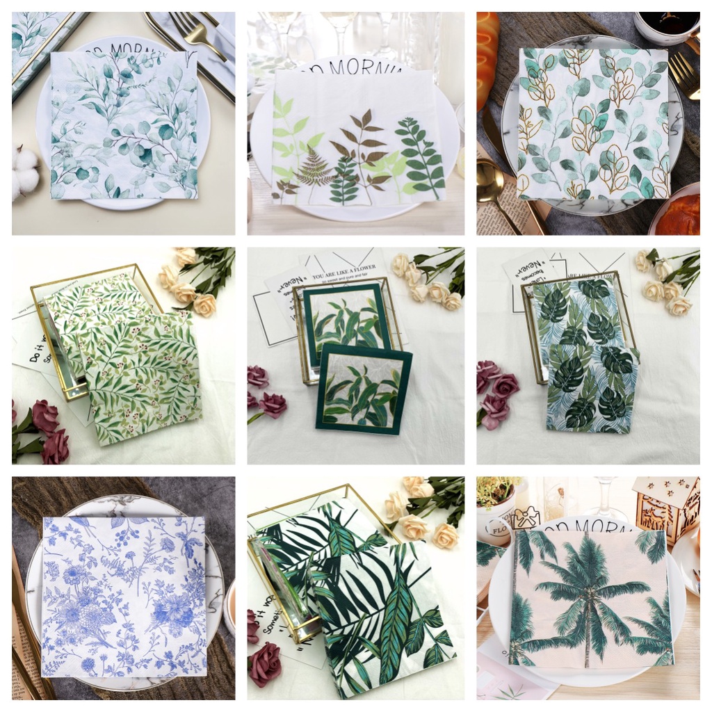 【9 款】20 件/套綠色棕櫚樹葉紙餐巾派對紙巾餐廳裝飾餐巾
