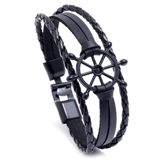 歐美時尚配飾黑色個性船舵編織手鍊男士皮革手環