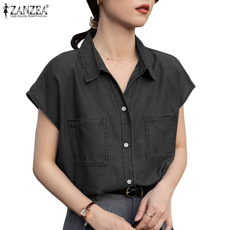 Zanzea 女式韓版短袖前袋翻領純色牛仔襯衫