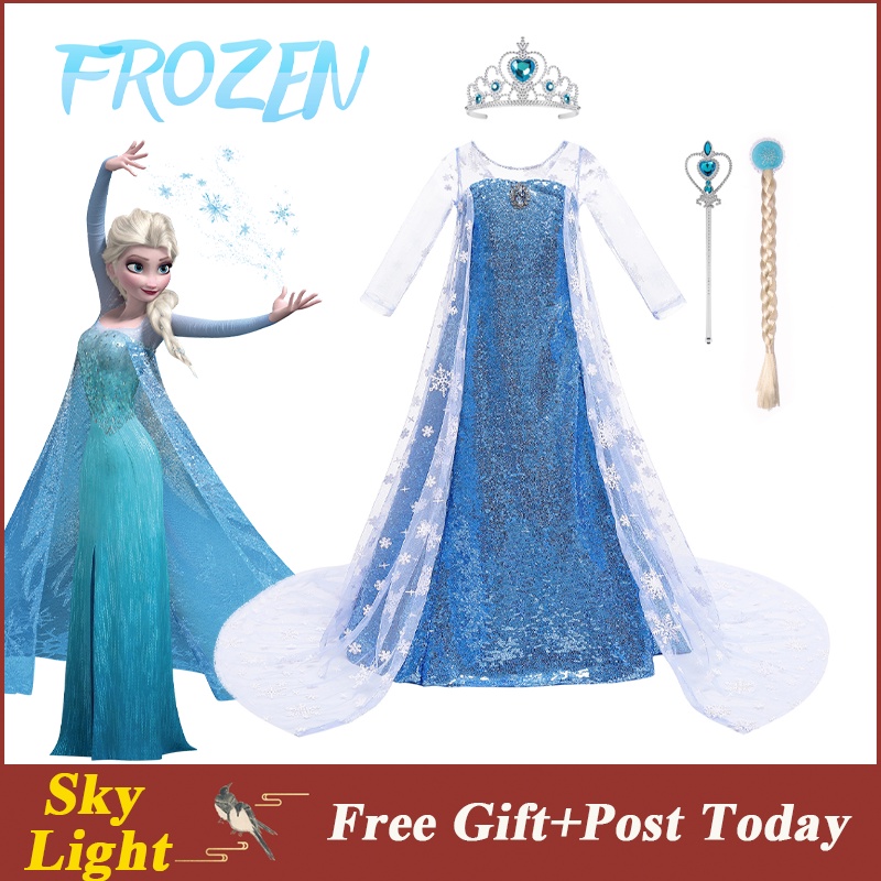Elsa 服裝冰雪奇緣迪士尼公主藍色連衣裙兒童女孩網眼亮片薄紗禮服萬聖節聖誕節生日禮物派對服裝