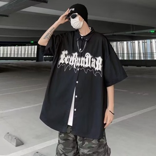 日系流行風街頭嘻哈男士短袖襯衫字母印花大碼垂墜襯衫