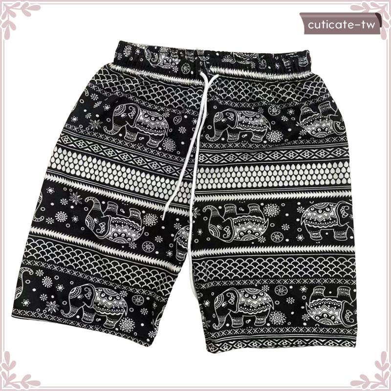 [CUTICATETW] 夏季沙灘短褲女士男士波西米亞風衣服泰國大象短褲