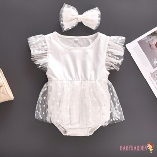 Baga-3-24 個月女嬰夏季連身衣 + 蝴蝶結頭帶,圓點印花飛袖圓領薄紗拼布衣服